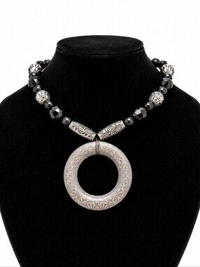 Vintage Black Beaded Statement Necklace with Large Engraved Circle Pendant Silve